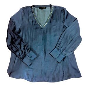 Catherine Malandrino Navy Blue Silk Gold Accents Blouse Size Large‎ y2k Mobwives